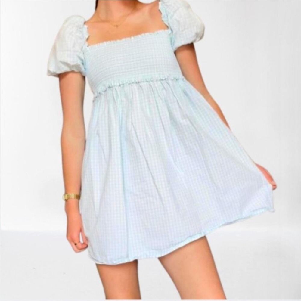 Aritzia Sunday Best Hadley Gingham Mini Babydoll Dress Puff Sleeve Small